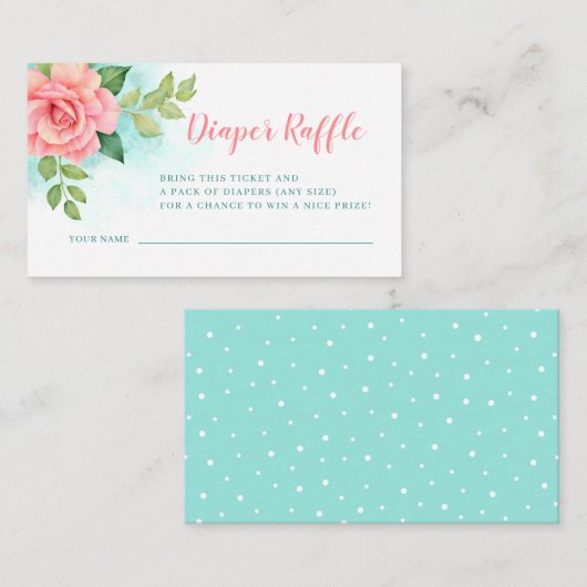 Floral Roos Roze Baby shower Diaper Raffle Informatiekaartje (Voorkant / Achterkant)