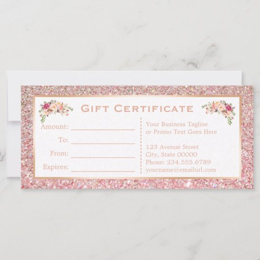 Floral Roos Roze Glitter Gift Certificate Kaart (Achterkant)