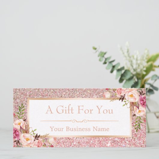 Floral Roos Roze Glitter Gift Certificate Kaart (Staand voorkant)