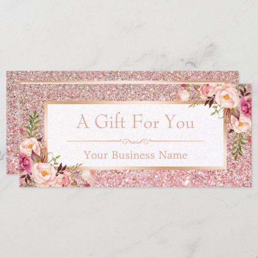 Floral Roos Roze Glitter Gift Certificate Kaart (Voorkant / Achterkant)