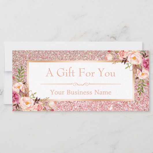 Floral Roos Roze Glitter Gift Certificate Kaart (Voorkant)