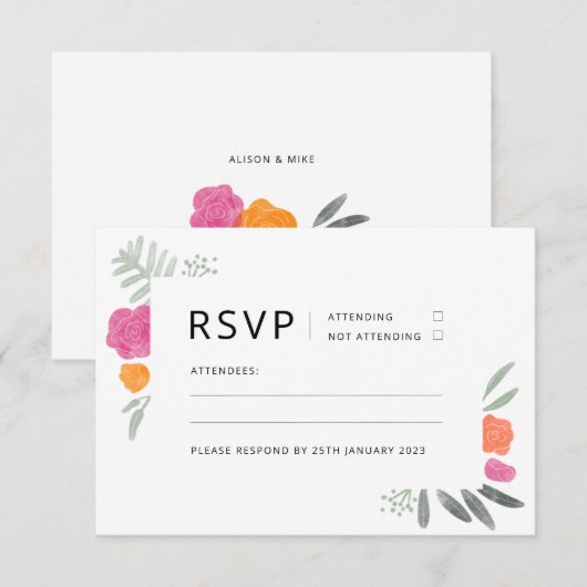 Floral Roos RSVP nodigt uit Informatiekaartje (Voorkant / Achterkant)