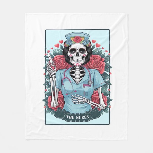 Floral Roos Skeleton Nurse Tarot Kaart Halloween E Fleece Deken (Voorkant)