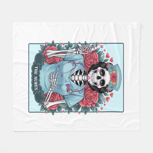 Floral Roos Skeleton Nurse Tarot Kaart Halloween E Fleece Deken (Voorkant (Horizontaal))