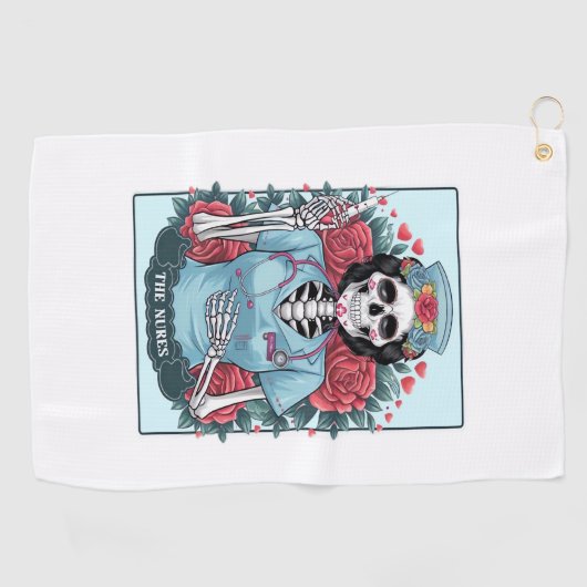 Floral Roos Skeleton Nurse Tarot Kaart Halloween E Golfhanddoek (Horizontaal)