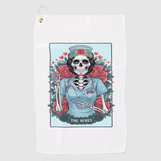 Floral Roos Skeleton Nurse Tarot Kaart Halloween E Golfhanddoek (Voorkant)