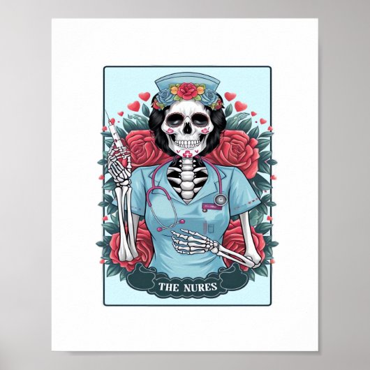 Floral Roos Skeleton Nurse Tarot Kaart Halloween E Poster (Voorkant)