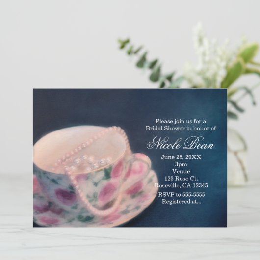 Floral Roos Tea Cup & Pearls Vrijgezellenfeest Kaart (Staand voorkant)