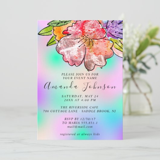 Floral Roos Vrijgezellenfeest Birthday HolografBlu Kaart (Staand voorkant)
