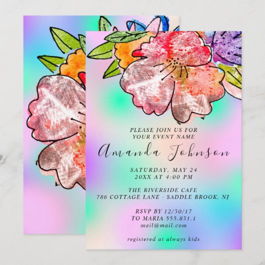 Floral Roos Vrijgezellenfeest Birthday HolografBlu Kaart (Voorkant / Achterkant)