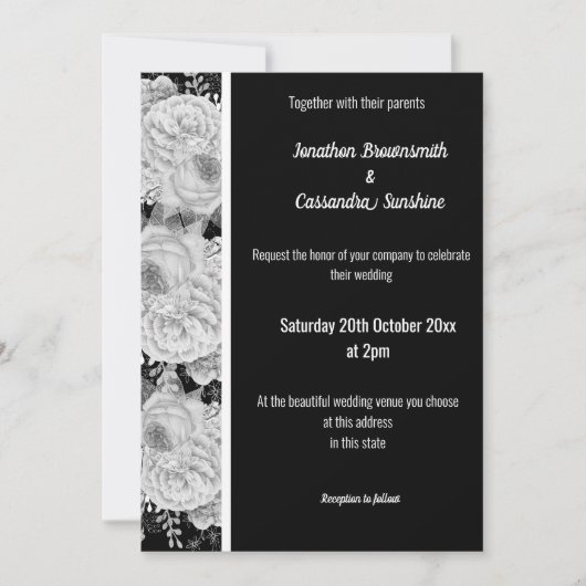 FLORAL ROOS WHITE BLACK SILVER TRIM WHITDING KAART (Voorkant)