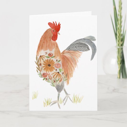 Floral Rooster Card Waterverf Cute Feestdagen Kaart (Voorkant)