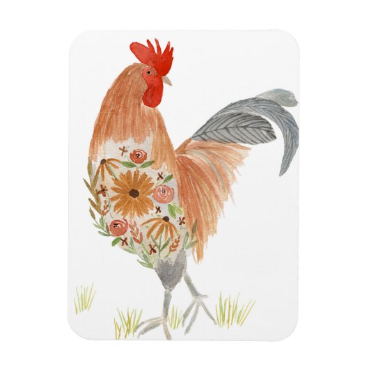 Floral Rooster Waterverf Schattige Magneet (Verticaal)
