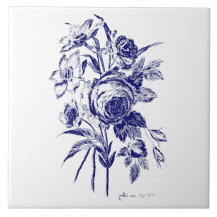 Floral Rose Boeket Botanische Kunst Blauw & Wit Tegeltje