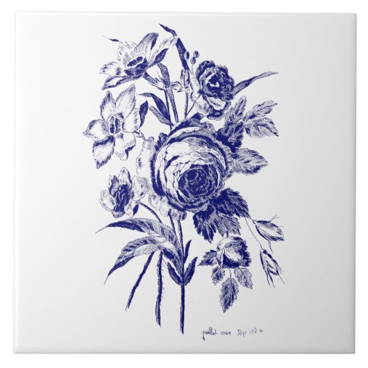 Floral Rose Boeket Botanische Kunst Blauw & Wit Tegeltje (Voorkant)