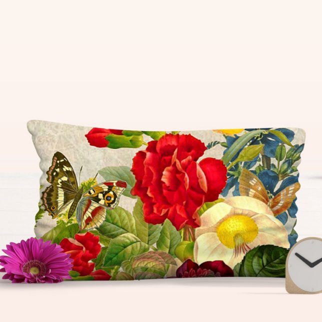  Floral Rose Bouquet Butterflies Kussen (Vintage Floral Rose Bouquet Butterflies Lumbar Pillow)