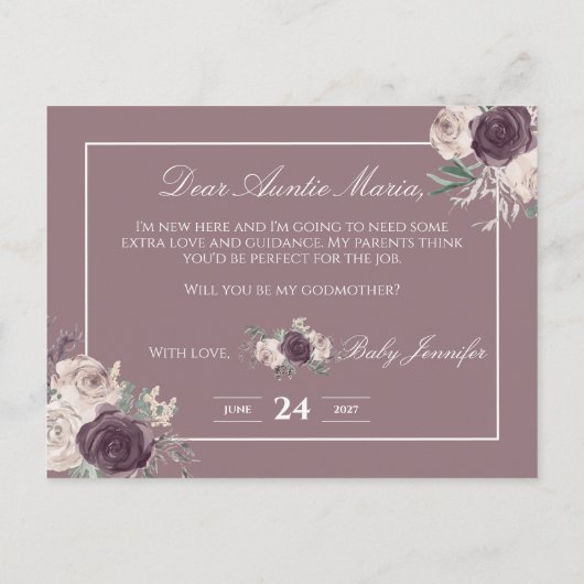 Floral Rose Gold Pink Will You Be My godmother Uitnodiging Briefkaart (Achterkant)