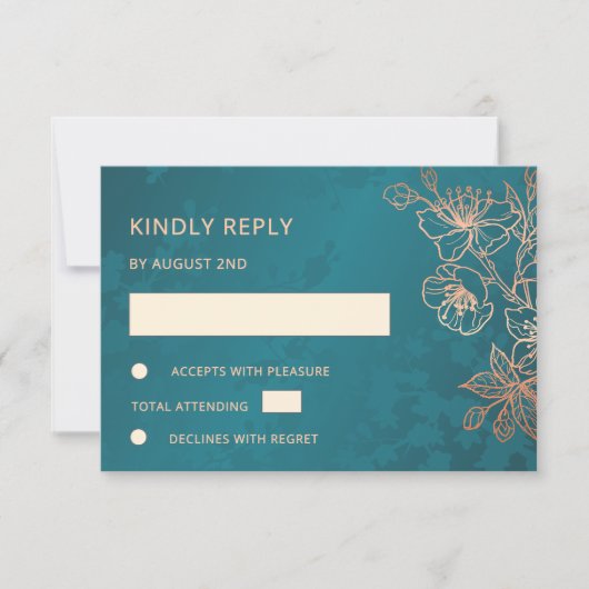 Floral Rose Gold Teal Wedding RSVP (Voorkant)