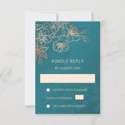 Floral Rose Gold Teal Wedding RSVP (Voorkant)