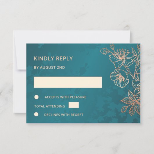Floral Rose Gold Teal Wedding RSVP (Voorkant)