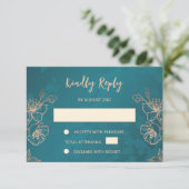 Floral Rose Gold Teal Wedding RSVP Kaartje (Staand voorkant)
