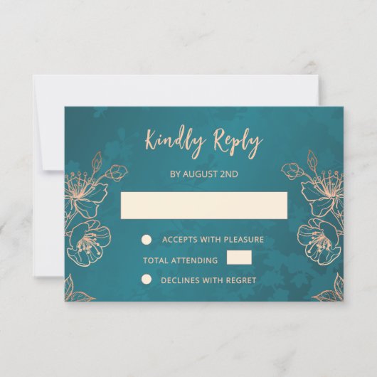 Floral Rose Gold Teal Wedding RSVP Kaartje (Voorkant)