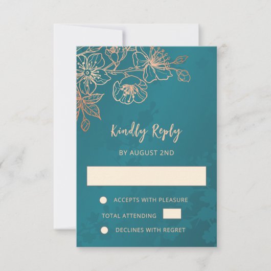 Floral Rose Gold Teal Wedding RSVP Kaartje (Voorkant)