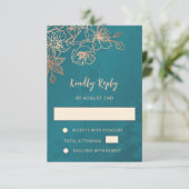 Floral Rose Gold Teal Wedding RSVP Kaartje (Staand voorkant)
