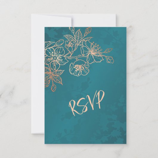 Floral Rose Gold Teal Wedding RSVP Kaartje (Achterkant)