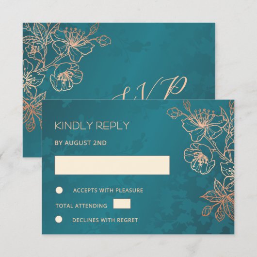 Floral Rose Gold Teal Wedding RSVP Kaartje (Voorkant / Achterkant)