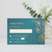 Floral Rose Gold Teal Wedding RSVP Kaartje (Staand voorkant)