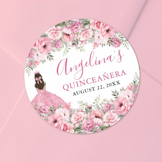 Floral Rose Pink Quinceanera Ronde Sticker