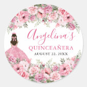 Floral Rose Pink Quinceanera Ronde Sticker (Voorkant)