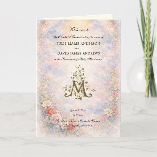 Floral Roses Catholic Wedding Mass Program Kaart (Voorkant)