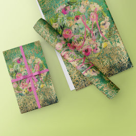 Floral Round Bouquet Monogram Green Gold Cadeaupapier