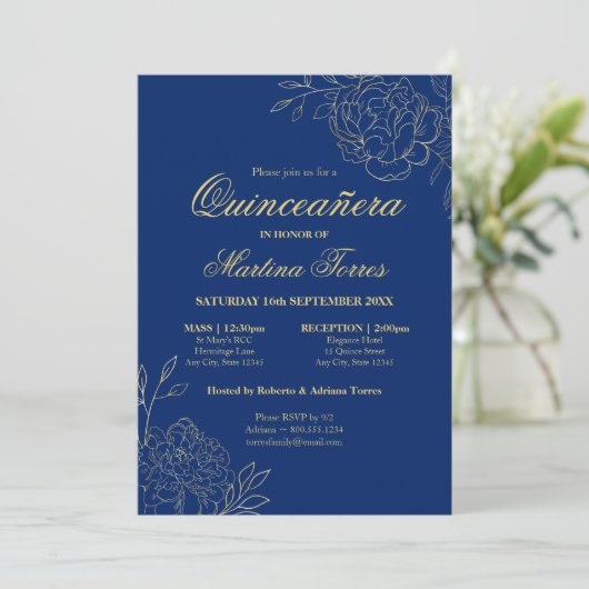 Floral Royal Blauw Goud Fine Art Quinceanera Kaart (Staand voorkant)