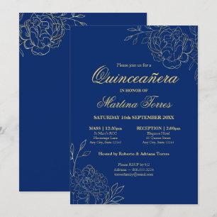 Floral Royal Blauw Goud Fine Art Quinceanera Kaart