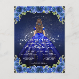 Floral Royal Blauw Goud Glam Prinses Quinceanera Briefkaart