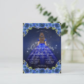 Floral Royal Blauw Goud Glam Prinses Quinceanera Briefkaart (Staand voorkant)