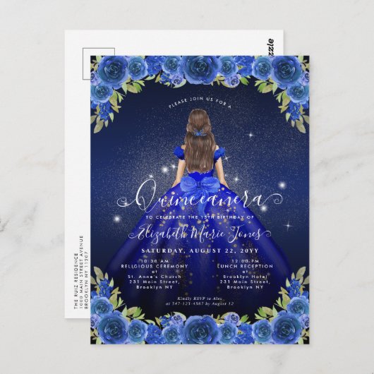 Floral Royal Blauw Goud Glam Prinses Quinceanera Briefkaart (Voorkant / Achterkant)