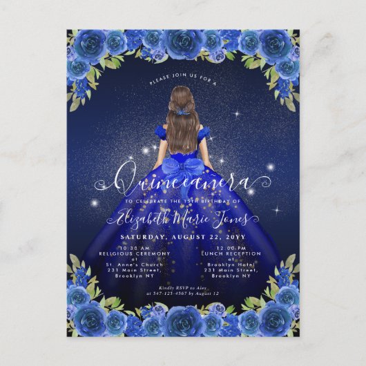 Floral Royal Blauw Goud Glam Prinses Quinceanera Briefkaart (Voorkant)