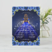 Floral Royal Blauw Goud Glam Prinses Quinceanera Kaart (Staand voorkant)