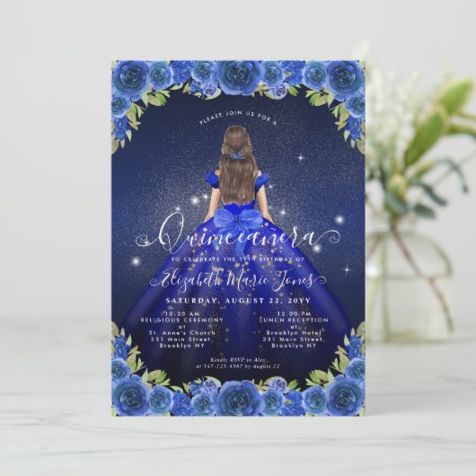 Floral Royal Blauw Goud Glam Prinses Quinceanera Kaart (Staand voorkant)