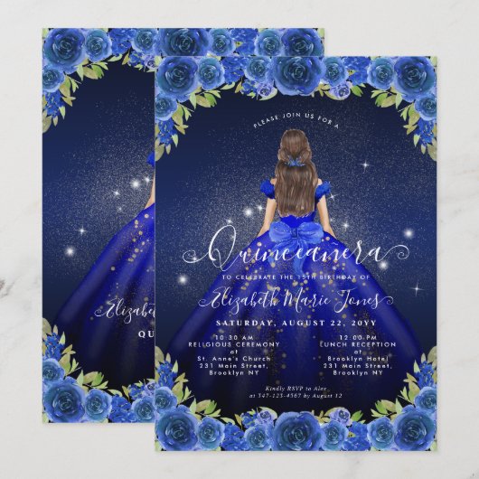 Floral Royal Blauw Goud Glam Prinses Quinceanera Kaart (Voorkant / Achterkant)