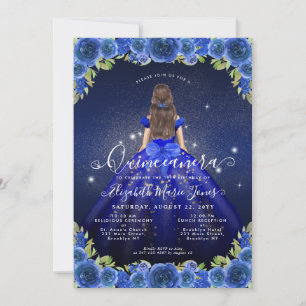 Floral Royal Blauw Goud Glam Prinses Quinceanera Kaart