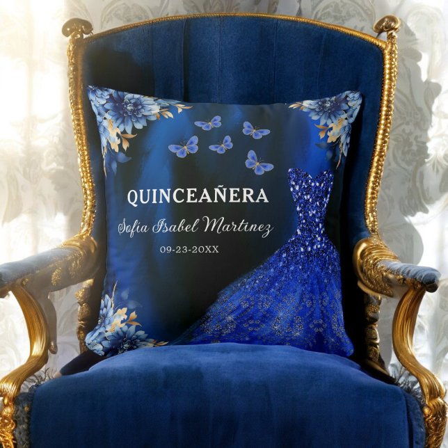 Floral Royal Blauw Goud Prinses Quinceanera Kussen (Creator heeft geüpload)
