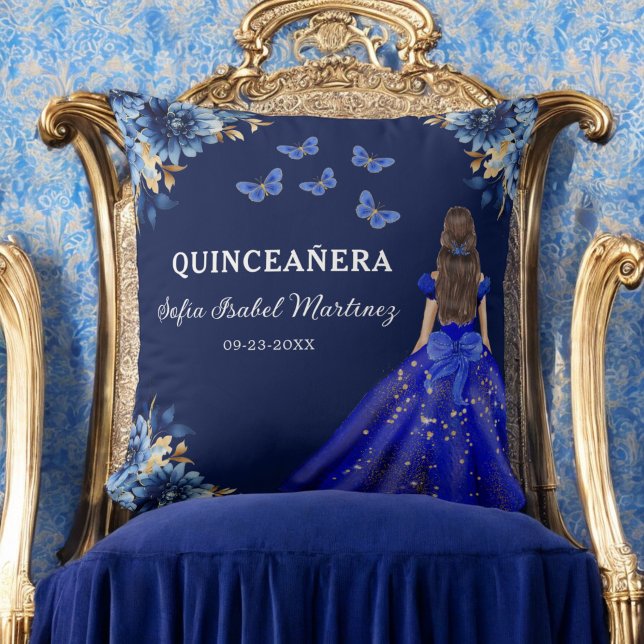 Floral Royal Blauw Goud Prinses Quinceanera Kussen (Creator heeft geüpload)