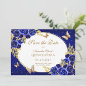 Floral Royal Blauw Gouden Vlinder Quinceanera Aankondiging (Staand voorkant)
