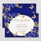 Floral Royal Blauw Gouden Vlinder Quinceanera Aankondiging (Voorkant / Achterkant)