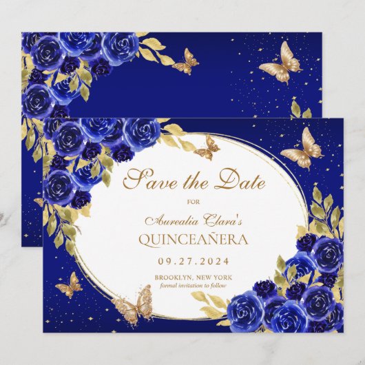 Floral Royal Blauw Gouden Vlinder Quinceanera Aankondiging (Voorkant / Achterkant)